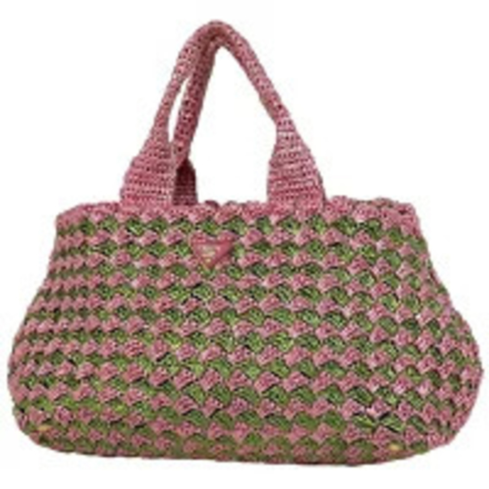 Prada Plate Tote Bag Handbag Basket Raffia Pink Green
